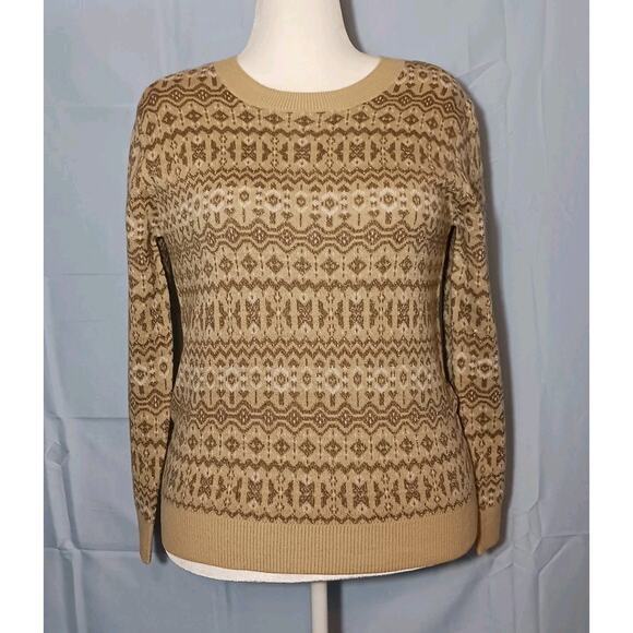 NWT Gloria Vanderbilt Fair Isle Sweater Womens Medium Tan Lurex Gold Thread - Picture 1 of 13